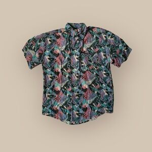 Vintage-Inspired Abstract Print Short Sleeve Button-Up Shirt - Teal, Pink, Black